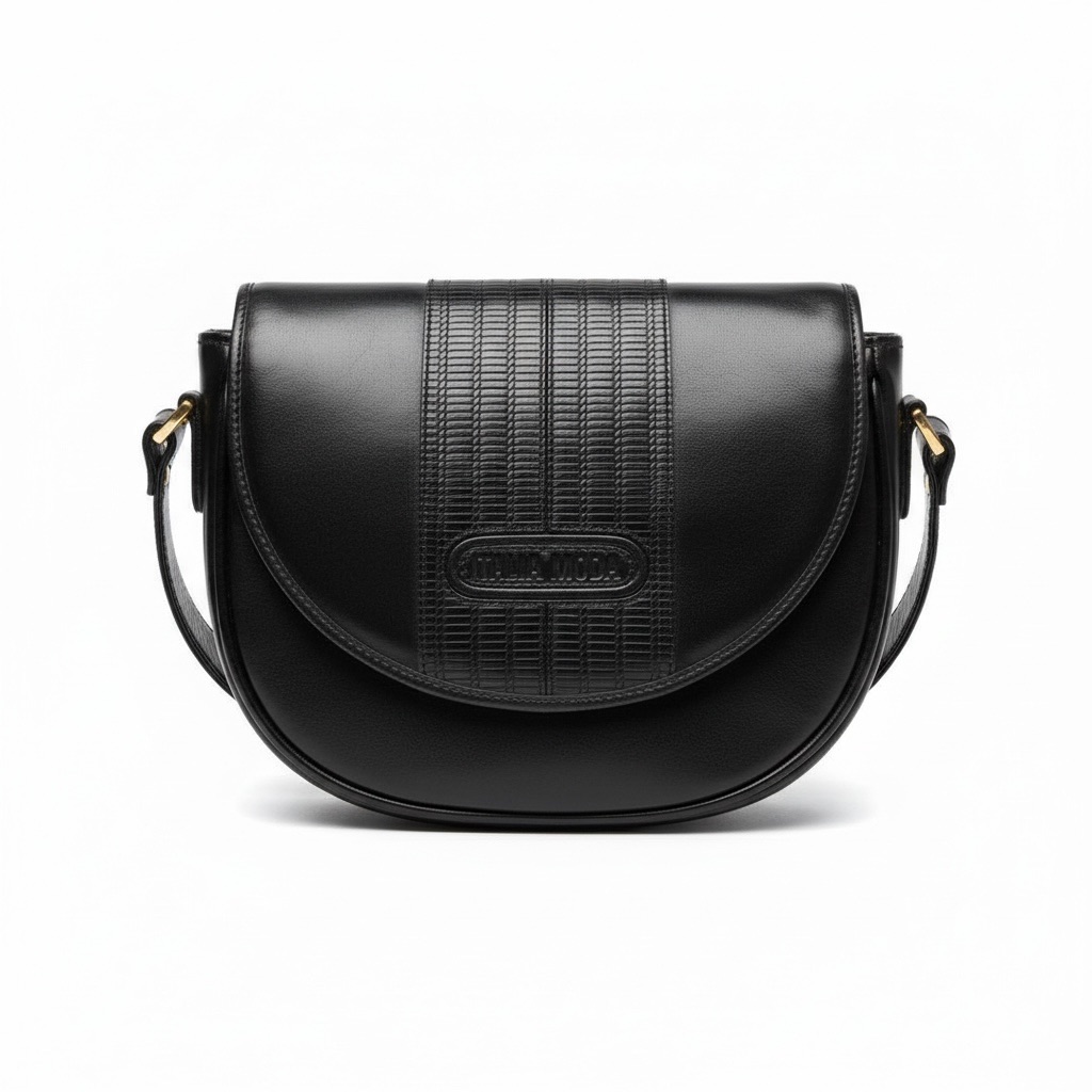 Timeless Black Crossbody Saddle Bag With Textured Center Panel